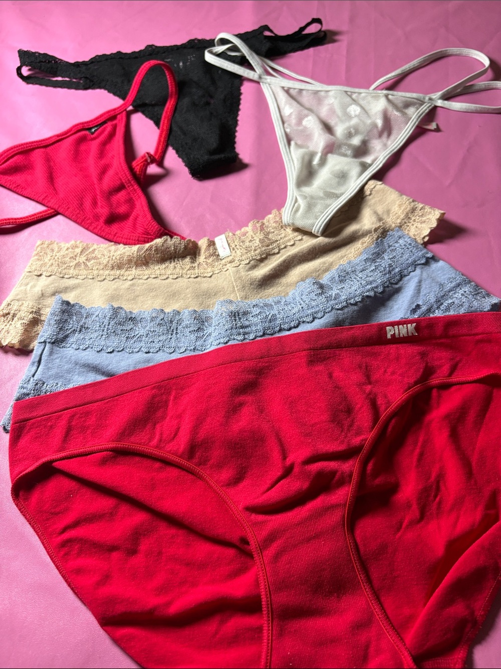 PINK Victoria's Secret Assorted Panty Pack - Red, Black, White, Tan, Light Blue